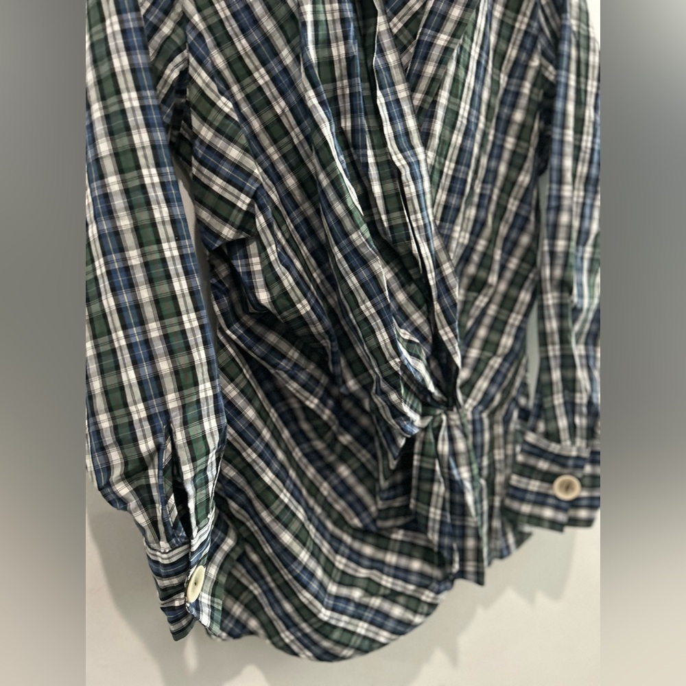 ZARA Woman Plaid Wrap Top Green Blue V-Neck Collared Tunic Blouse Long Sleeve L - Picture 3 of 5